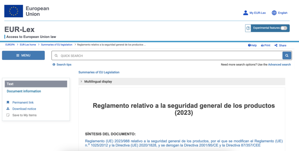 Información General sobre el Reglamento Relativo a la Seguridad General de los Productos RSGP